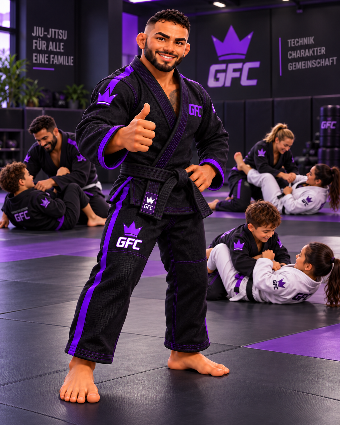 Coach Gustavo im GFC Gi, im Hintergrund trainieren Kinder und Erwachsene Brazilian Jiu-Jitsu im Gray's Fit Center